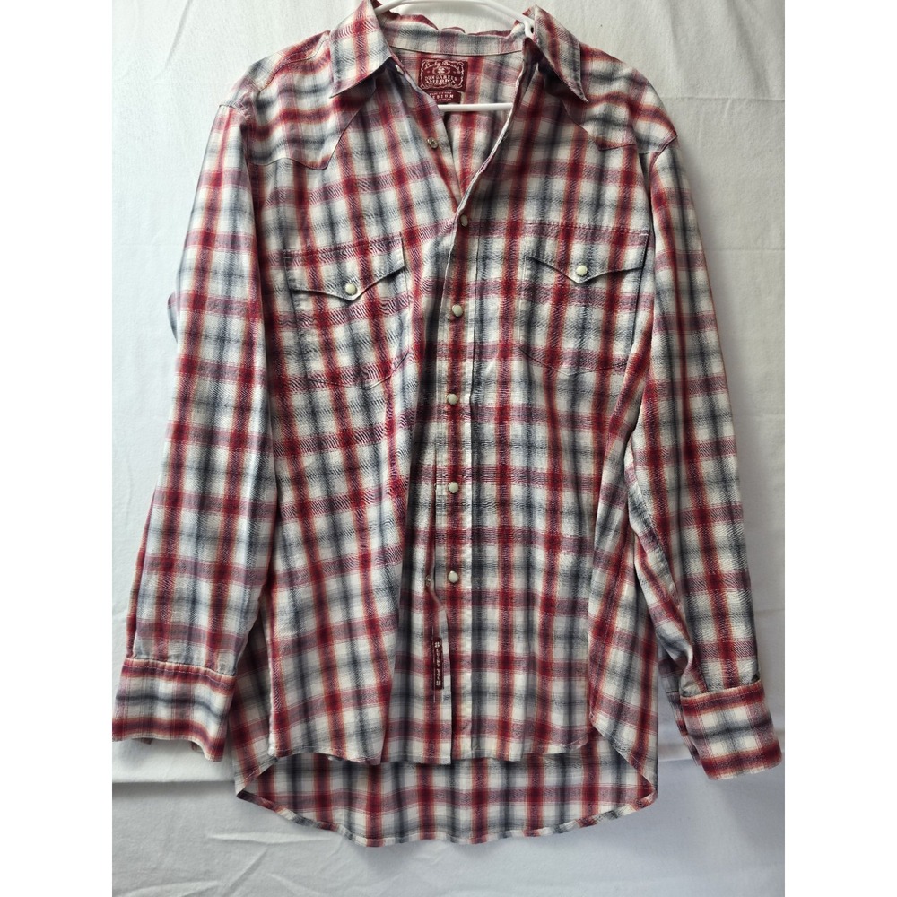 Lucky Brand Dungarees Mens M Western Shirt Plaid Pearl Snap Cowboy 100% Cotton